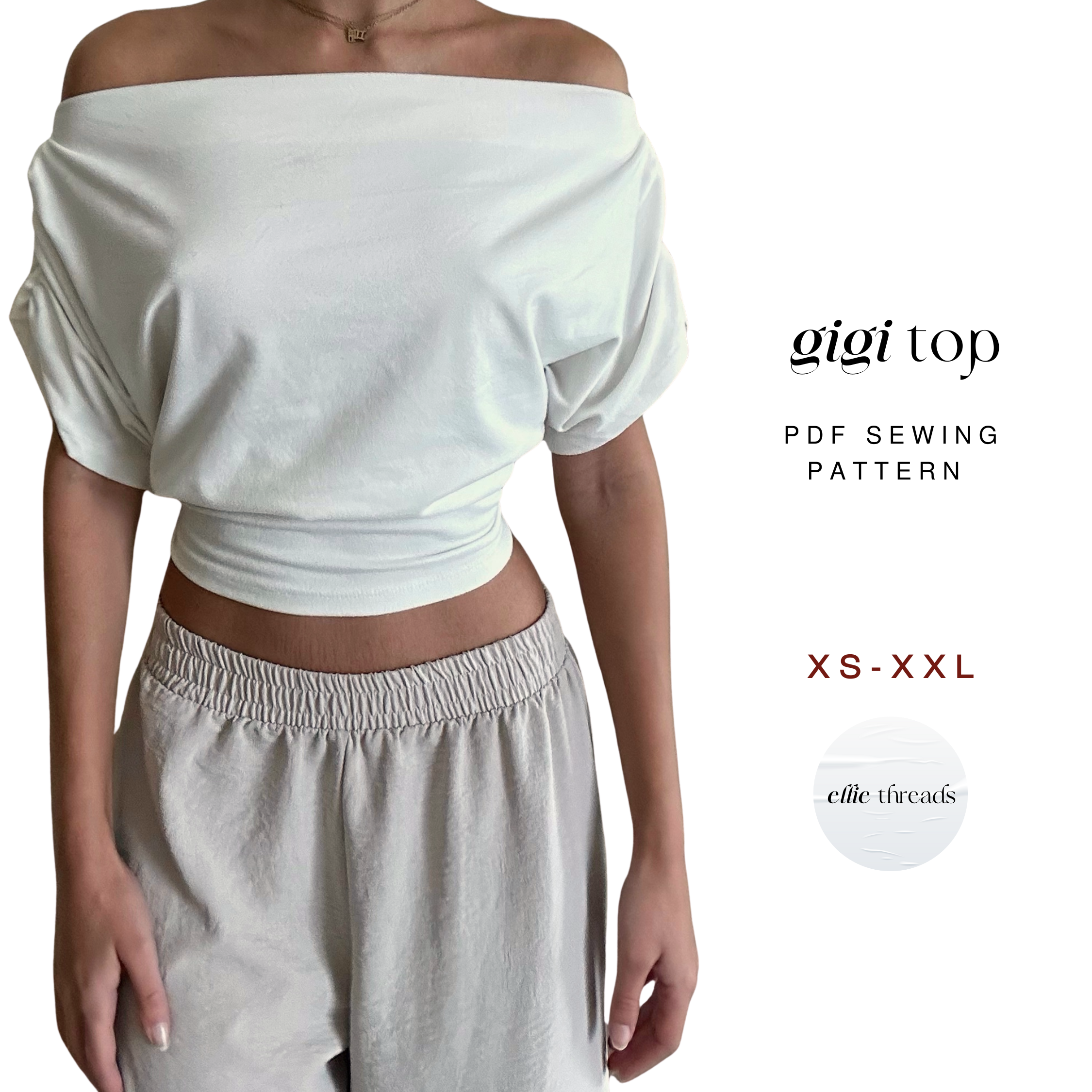Off-Shoulder T-Shirt Sewing Pattern: Ruched Sleeves, Cinched Waist, Beginner-Friendly (Digital PDF Download, XS-XXL)