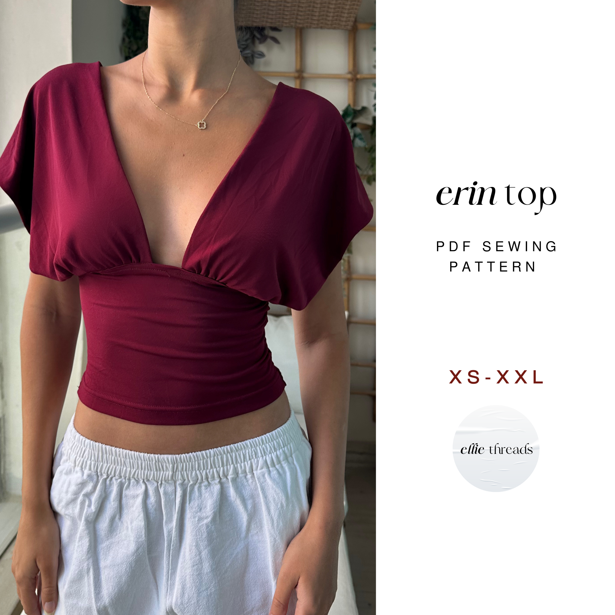 Gathered V-Neck Top Sewing Pattern (XS-XXL)