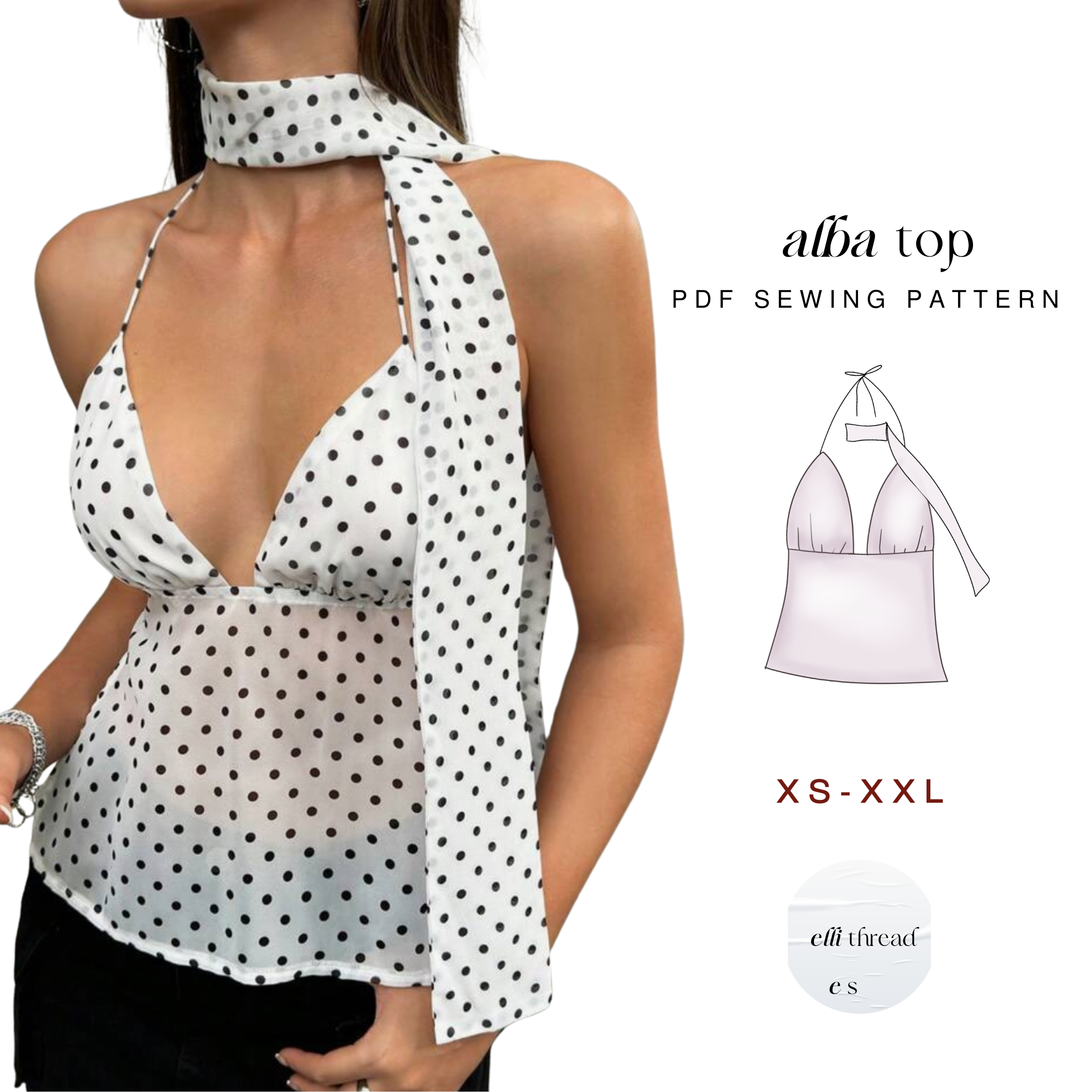 Neck Scarf Top Sewing Pattern: Back Tie, Beginner Friendly (Digital PDF Download, XS-XXL)