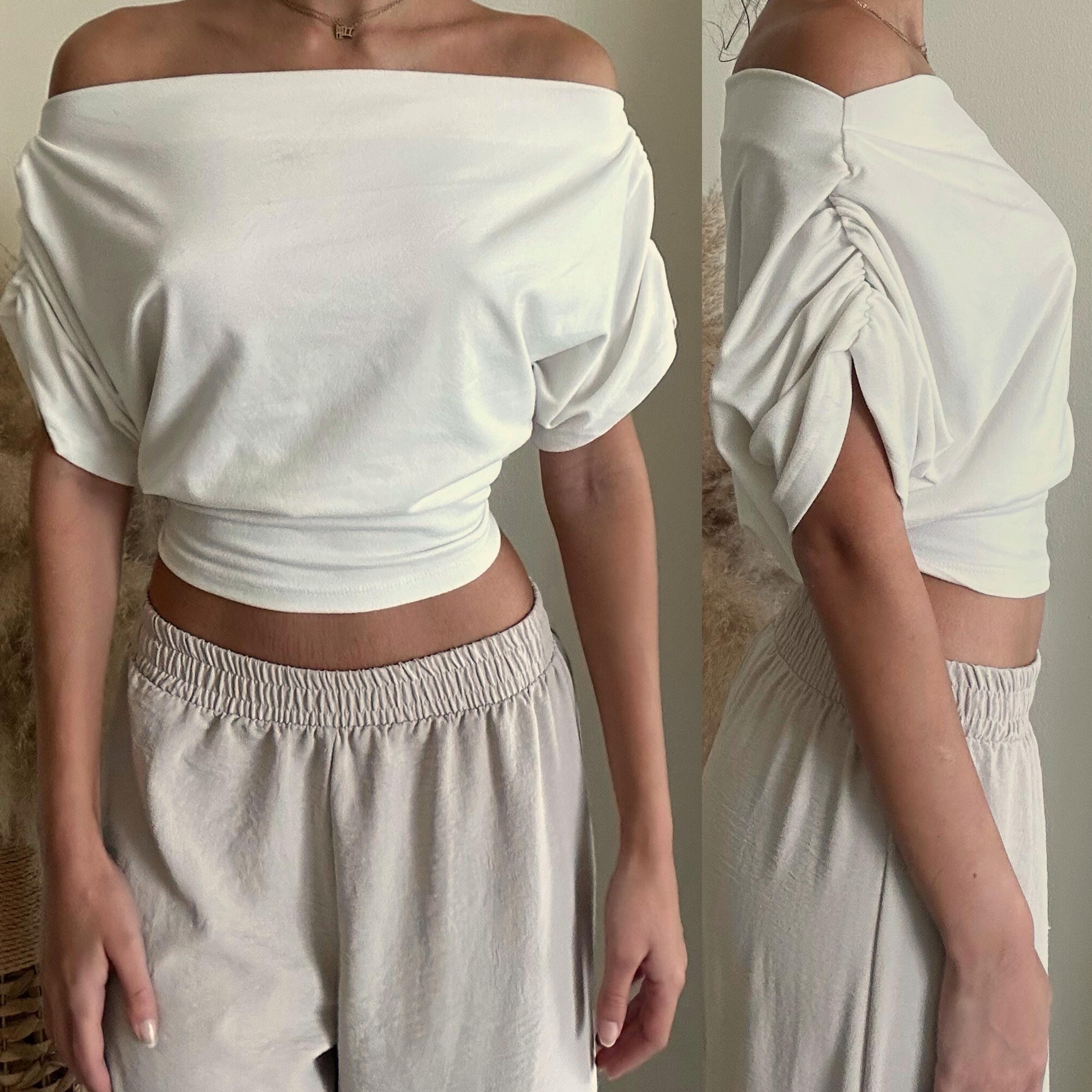 Off-Shoulder T-Shirt Sewing Pattern: Ruched Sleeves, Cinched Waist, Beginner-Friendly (Digital PDF Download, XS-XXL)