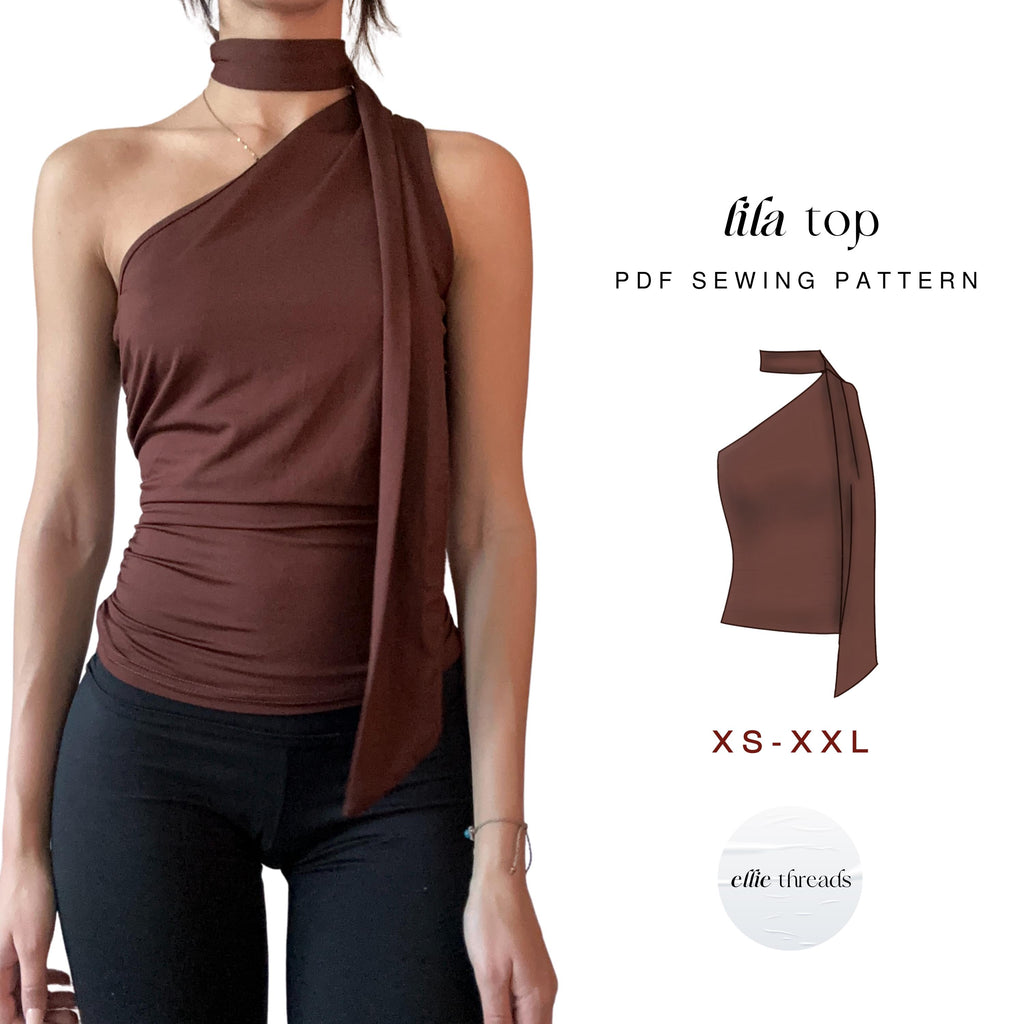 Ruched One Shoulder Top Sewing Pattern with Neck Scarf: Beginner-Friendly (Digital PDF Download, XS-XXL)